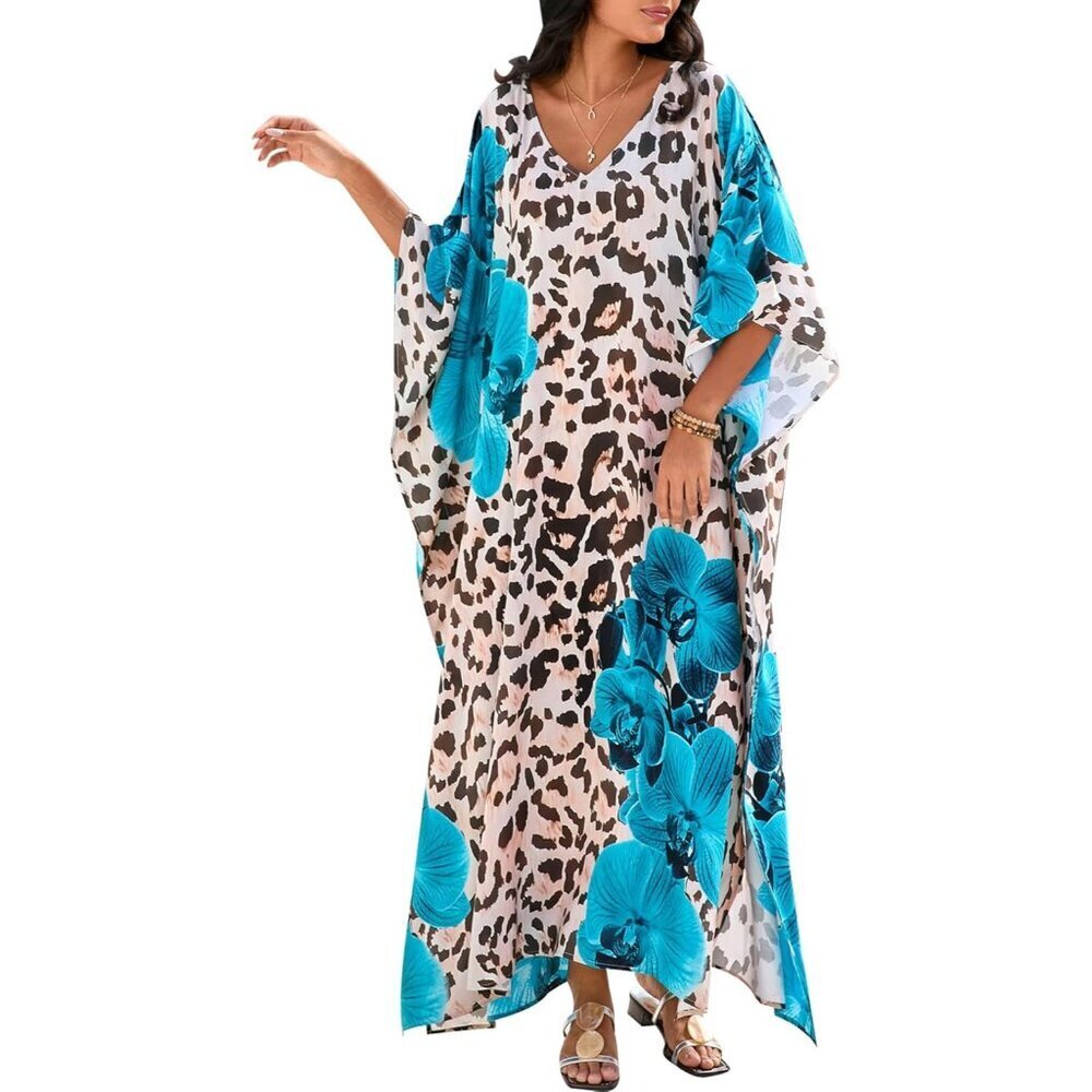 Women Leopard Blue 100% Polyester V Neck Summer Beach Dresses Cover Caftan Maxi